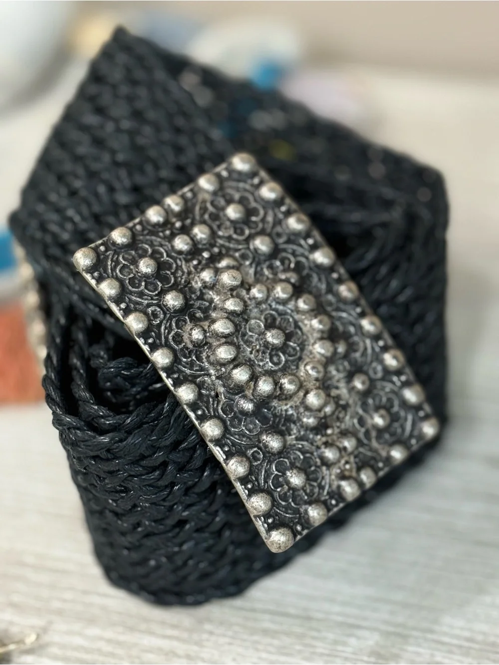 Patricia Green Black Braided Belt with Ornate Silver-Tone Buckle